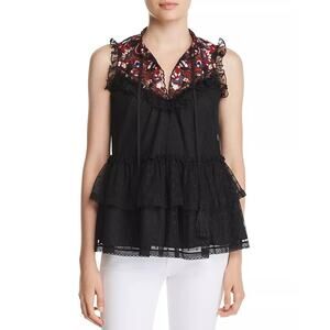 NWT Kate Spade Black Camellia Embroidered Ruffle Peplum Blouse Women’s Large